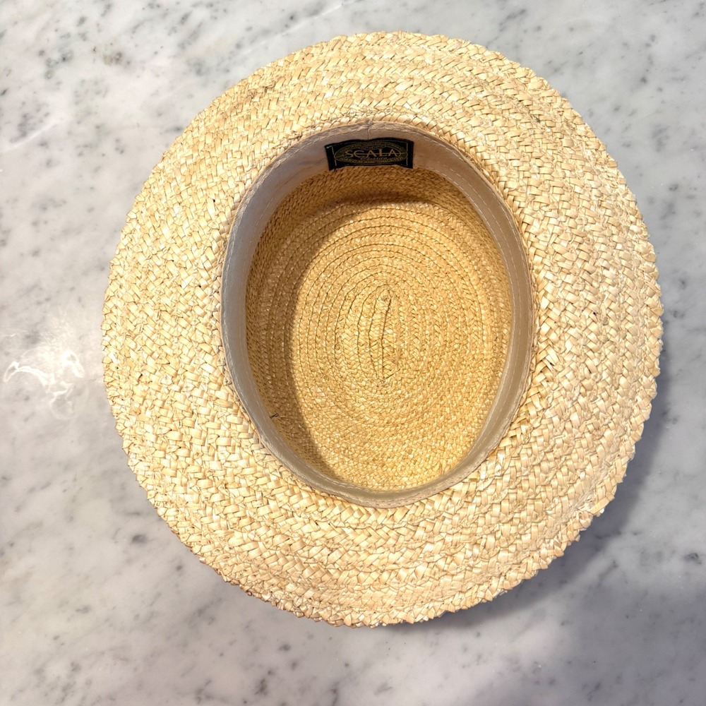 Scala Classica Natural Straw Boater Hat Navy Red Ribbon Bow Skimmer Handmade - Picture 8 of 8